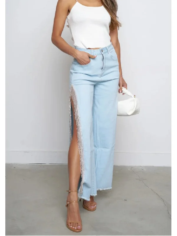 Embellished Fringe Split Hem Denim Jeans Relaxed Women's Beachy