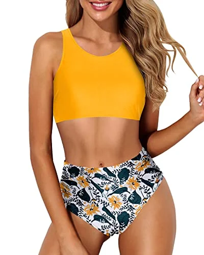 Crop Top Racerback Two Piece Bikini Set For Women-Yellow Floral Polished Women's Silk Crop Top Racerback Two Piece Bikini Set For Women-Yellow Floral Polished Women's Silk