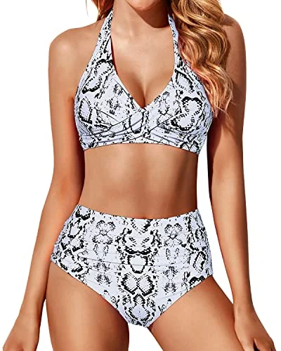 Halter Top Swimsuit With Ruched Tummy Control High Waisted Bikini Set-Snake Print garde Halter Top Swimsuit With Ruched Tummy Control High Waisted Bikini Set-Snake Print garde