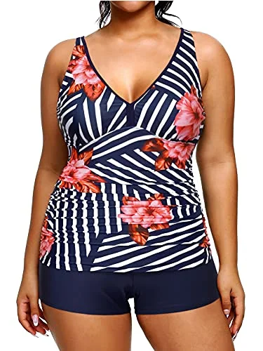 Tummy Control Tankini Two Piece Bathing Suits Plus Size Swimsuits Shorts-Blue Floral Practical Women's Quick - dry Tummy Control Tankini Two Piece Bathing Suits Plus Size Swimsuits Shorts-Blue Floral Practical Women's Quick - dry