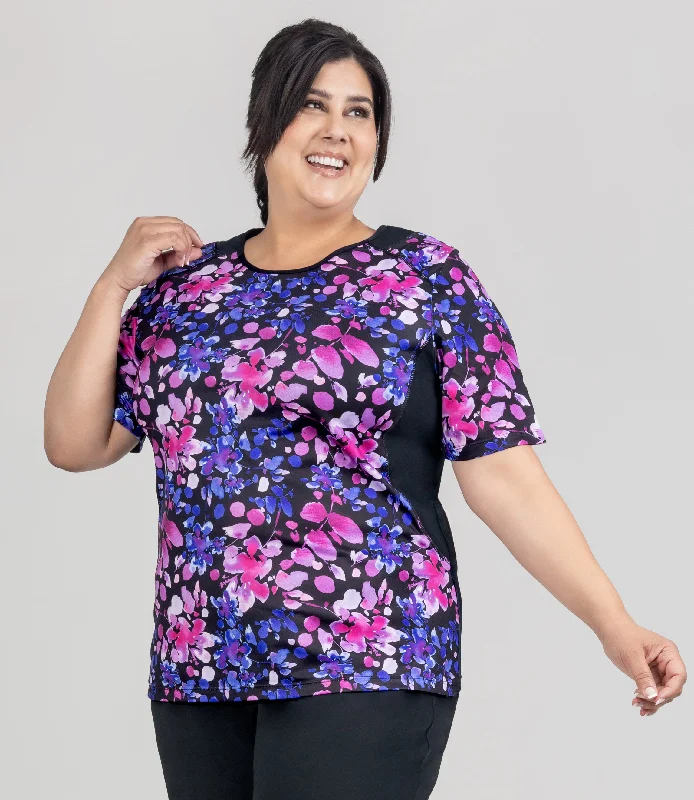 AquaSport Color Block Swim Tee Floral Elegance Print Black Compression