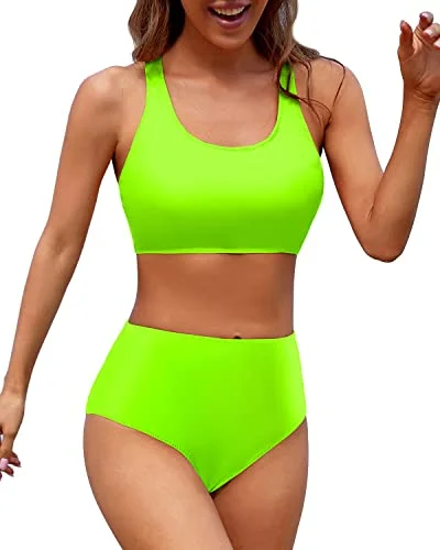 Criss Cross Back Women's High Waisted Two Piece Bikini Sports Crop Top Swimsuit-Neon Green British Gentlewoman Style Criss Cross Back Women's High Waisted Two Piece Bikini Sports Crop Top Swimsuit-Neon Green British Gentlewoman Style