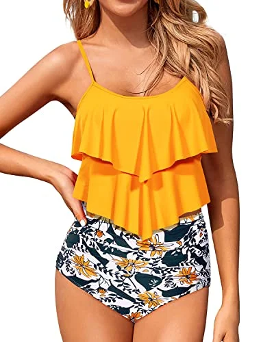 Retro Tummy Control Two Piece Tankini Swimsuits For Women-Yellow Floral Earthy Women's Retro Tummy Control Two Piece Tankini Swimsuits For Women-Yellow Floral Earthy Women's