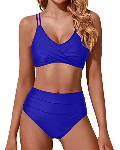 Ruched High Waisted Two Piece Bikini Set Push Up Swimsuits-Royal Blue Elegant Women's Formal Ruched High Waisted Two Piece Bikini Set Push Up Swimsuits-Royal Blue Elegant Women's Formal
