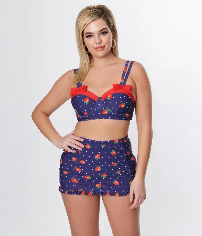 Unique Vintage Navy Strawberry Pin Dot Bowed Over Swim Top Casual Women's Japanese 