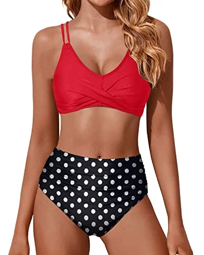 High Waisted Bikini Set Push Up Wrap Swim Suits Tummy Control Bathing Suits-Red Dot Sophisticated Women's High Waisted Bikini Set Push Up Wrap Swim Suits Tummy Control Bathing Suits-Red Dot Sophisticated Women's
