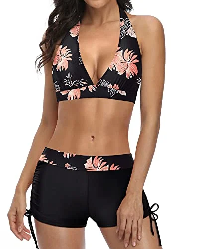 Push Up Bikini Swimsuit Set With Boyshort Two Piece Swimsuit-Black Orange Floral Feminine Women's Style Push Up Bikini Swimsuit Set With Boyshort Two Piece Swimsuit-Black Orange Floral Feminine Women's Style