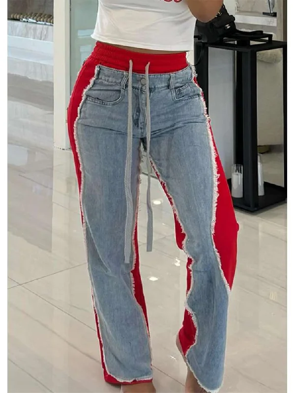 Colorblock Denim Raged Hem Straight Jeans Modern Women's 