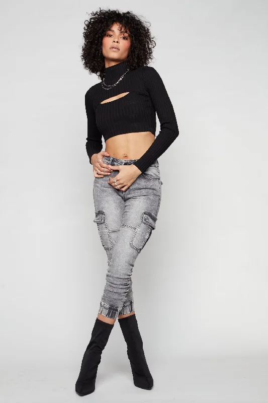 TARA - Ladies Cargo Jogger - Dark Grey Acid Wash Classic Women's Tweed