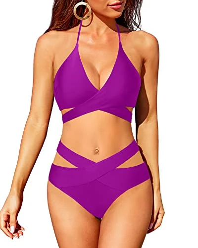 Cut Out Criss Cross Bathing Suit With High Waisted Bottoms-Purple Luxurious Women's High -  end