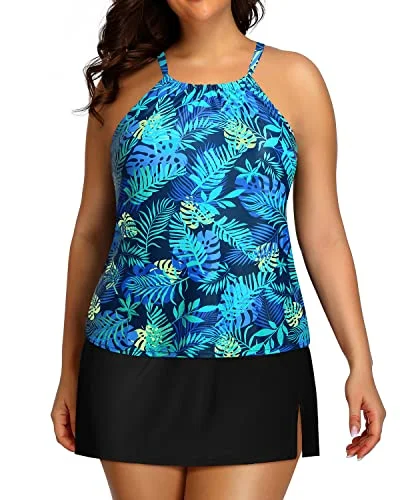 Plus Size Two Piece Tankini Skirt Bathing Suits For Women-Blue Leaves Elegant Women's Plus Size Two Piece Tankini Skirt Bathing Suits For Women-Blue Leaves Elegant Women's