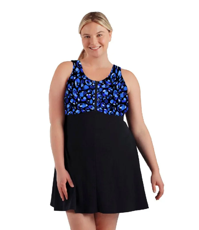 AquaSport Zip Front Swim Dress Ocean Blues Print Black Artistic Women's Avant - 