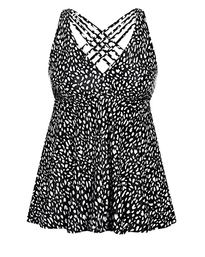 Long Plus Size Tankini Top Flyaway Hem For Women-Black And White Dot Earthy Women's Hemp - based