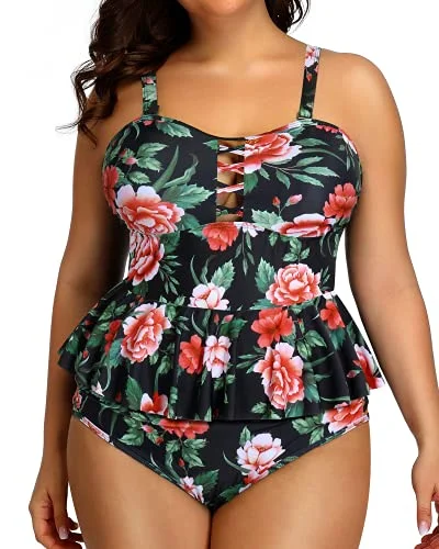 Removable And Adjustable Shoulder Straps Plus Size Swimsuits For Women-Black Floral Feminine Women's Soft Removable And Adjustable Shoulder Straps Plus Size Swimsuits For Women-Black Floral Feminine Women's Soft