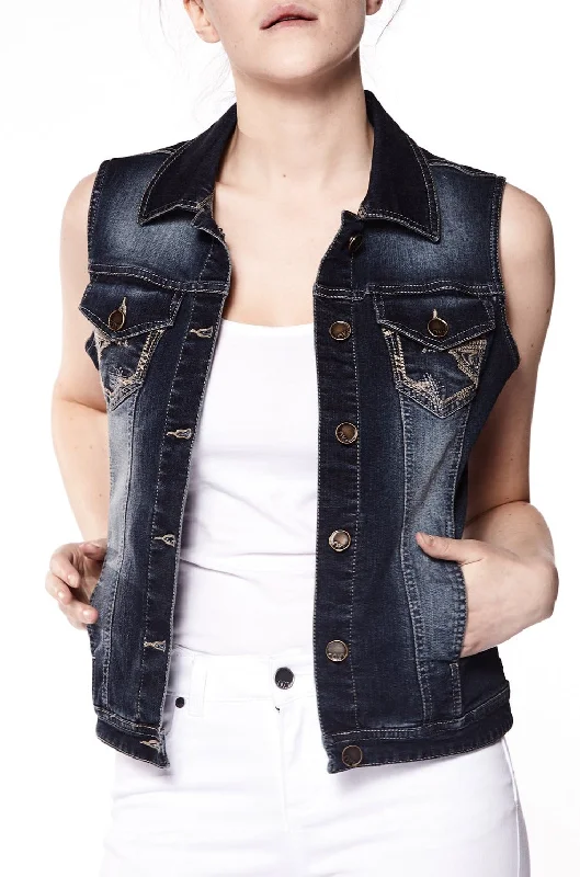 MANDY - Ladies Denim Vest - Dark Indigo Rinse Hip Women's Retro