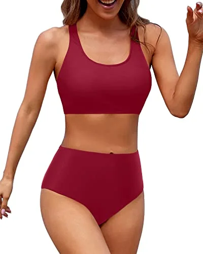 Two Piece Women High Waisted Bikini Sports Crop Top Swimsuit-Red Stylish Women's Tropical Two Piece Women High Waisted Bikini Sports Crop Top Swimsuit-Red Stylish Women's Tropical