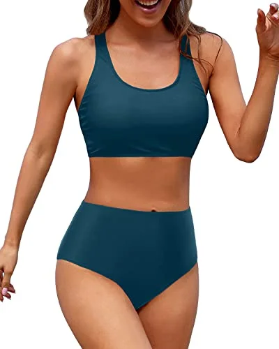 Women's High Cut Athletic Bikini Bottom For Long Torso-Teal Relaxed Women's 