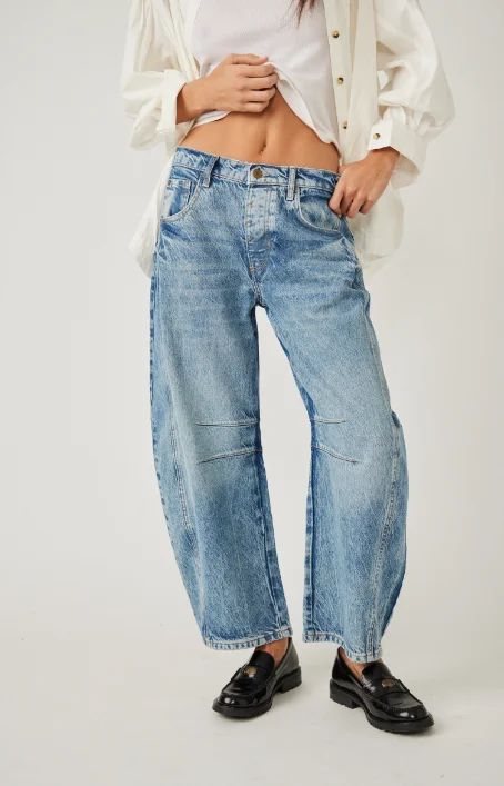 Free People Good Luck Mid-Rise Barrel Jeans Monochromatic Office Style
