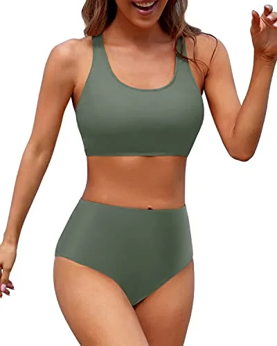 Sporty Women's High Waisted Two Piece Bikini Sports Crop Top Swimsuit-Army Green Youthful Women's Pop Sporty Women's High Waisted Two Piece Bikini Sports Crop Top Swimsuit-Army Green Youthful Women's Pop
