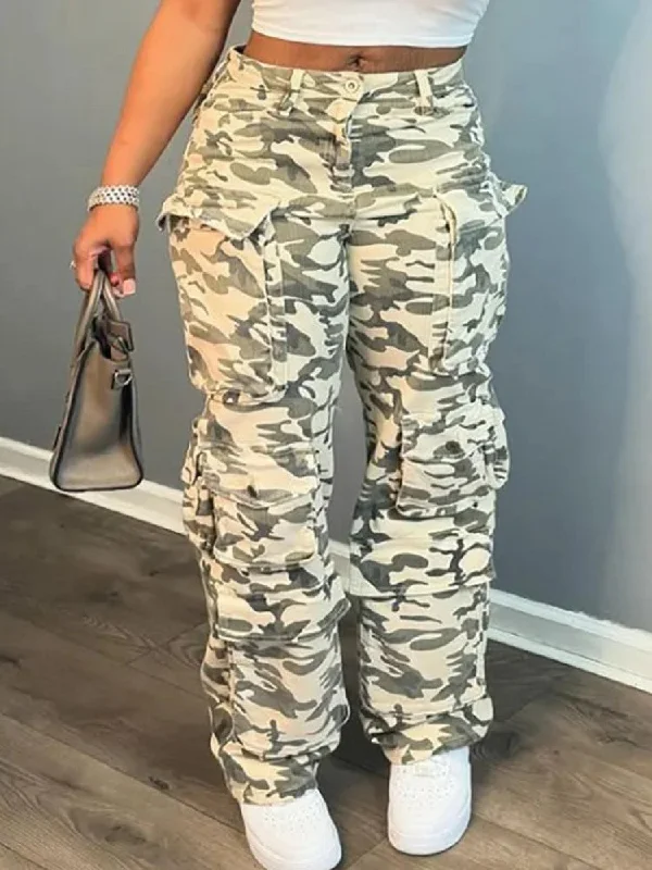 Colorblock Camo Multi Pocket Cargo Jeans Feminine Women's Soft 