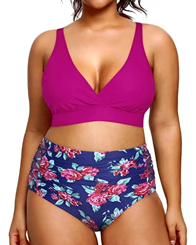 Sexy V Neck High Waisted Plus Size Bikini Bathing Suits-Pink Floral Traditional Women's Sexy V Neck High Waisted Plus Size Bikini Bathing Suits-Pink Floral Traditional Women's