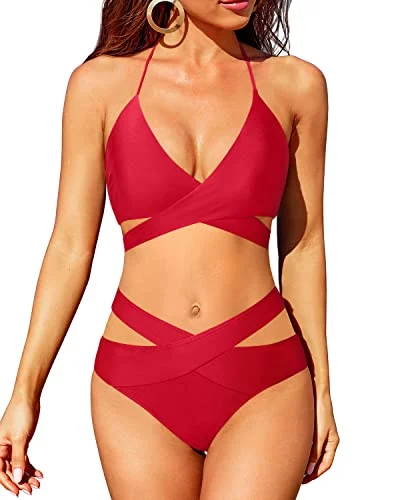 High Leg Women's Bikini Push Up Swimsuit Halter Wrap Bathing Suit-Red Trendy Women's High Leg Women's Bikini Push Up Swimsuit Halter Wrap Bathing Suit-Red Trendy Women's