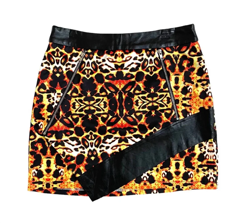 Women's Animal Print A Line With Faux Leather Trim Zippers Mini Skirt In Multicolor performance