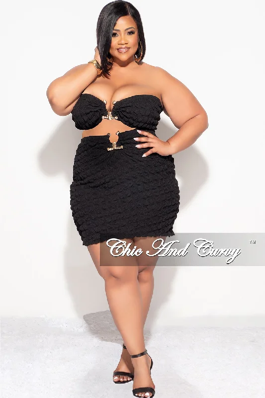 Final Sale Plus Size 2pc Honeycomb Texture Strapless Top and Skirt Set in Black European
