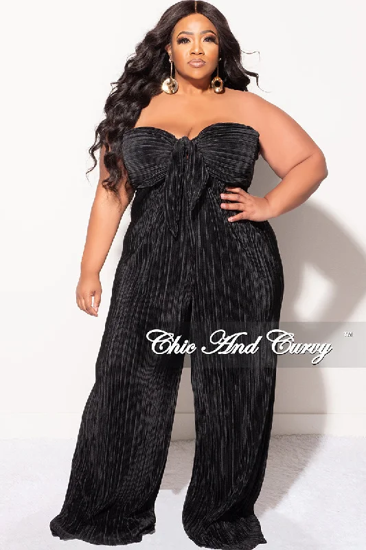 Final Sale Plus Size Strapless Pleated Jumpsuit Black Geometric