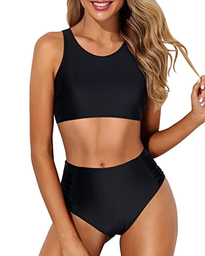 Women's Sporty Crop Top Bikini With Bottom For Teen Girls-Black Elegant Women's 