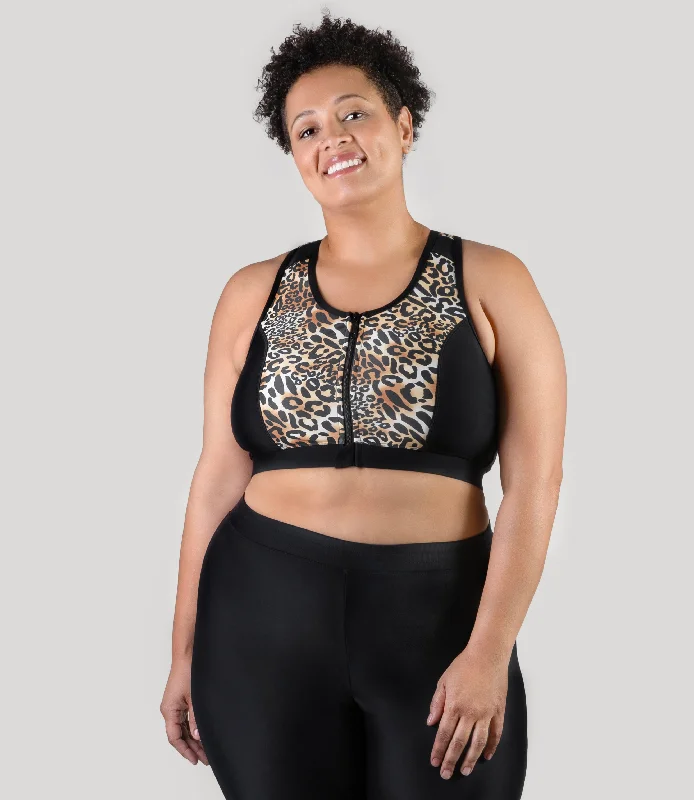 QuikEnergy Zip Front Swim Bra Leopard Print Black Confident Women's Power