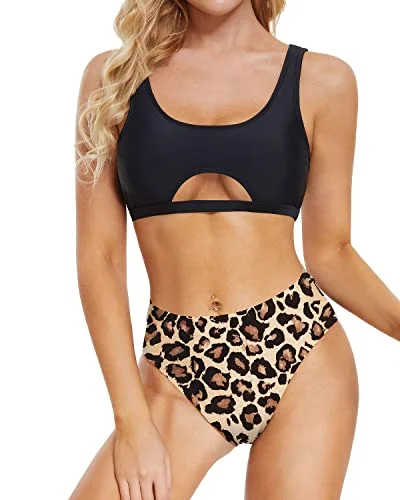 Cheeky Two Piece Bikini Set For Women Underboob Swimsuit-Black And Leopard Business