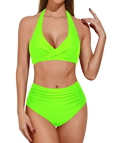 Push Up Two Piece Bikini With High Waisted Bottoms Tummy Control Bathing Suit-Neon Green Earthy Women's Hemp - based Push Up Two Piece Bikini With High Waisted Bottoms Tummy Control Bathing Suit-Neon Green Earthy Women's Hemp - based