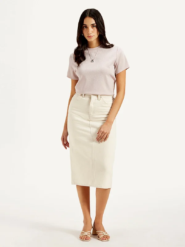 Women's High Rise Off-White Slim Fit Skirt Dapper Women's Bow - adorned