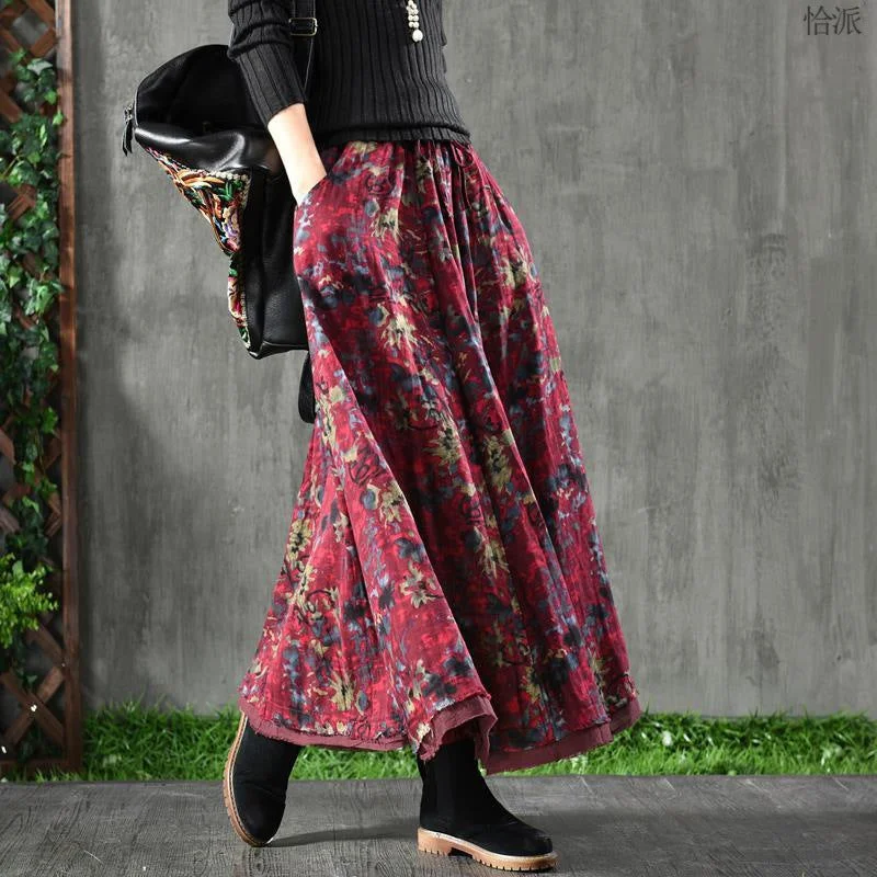 Retro Artistic Floral Slimming Skirt Double Layer Wide Hem Flowy Adventure