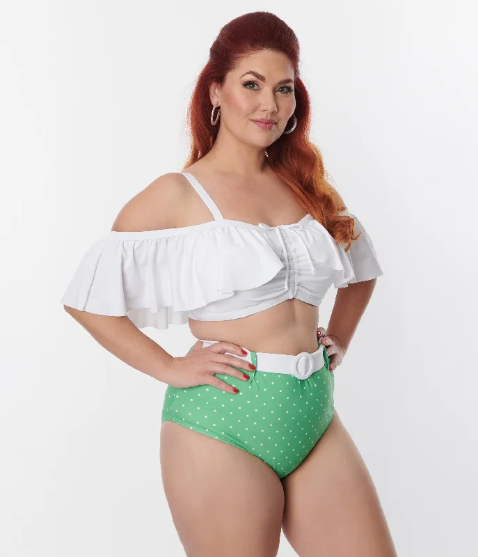Unique Vintage Plus Size White Ruffle Swim Top Elegant Women's Formal 