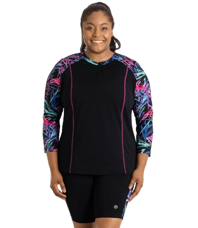 AquaSport Long Sleeve Rash Guard Sunset Palm Print Black Monochromatic All - in - one