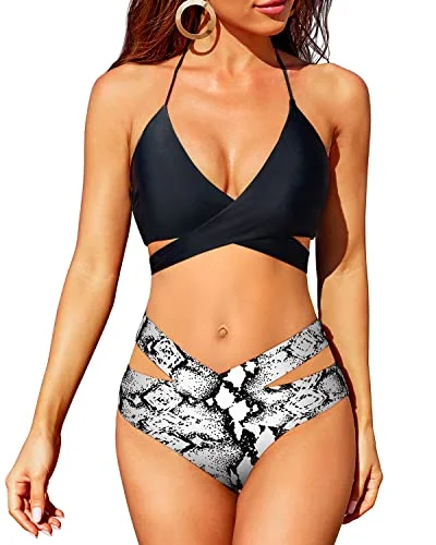 High Leg Criss Cross Bikini High Waisted Push Up Swimsuit-Black And White Snake Print purpose High Leg Criss Cross Bikini High Waisted Push Up Swimsuit-Black And White Snake Print purpose