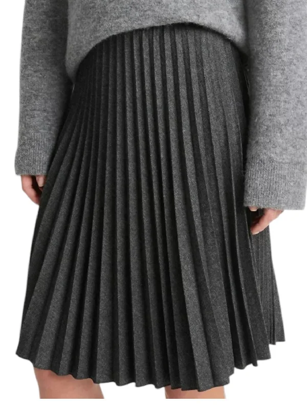 Mid Rise Pleated Herringbone Midi Skirt In Charcoal Monochromatic Office Style