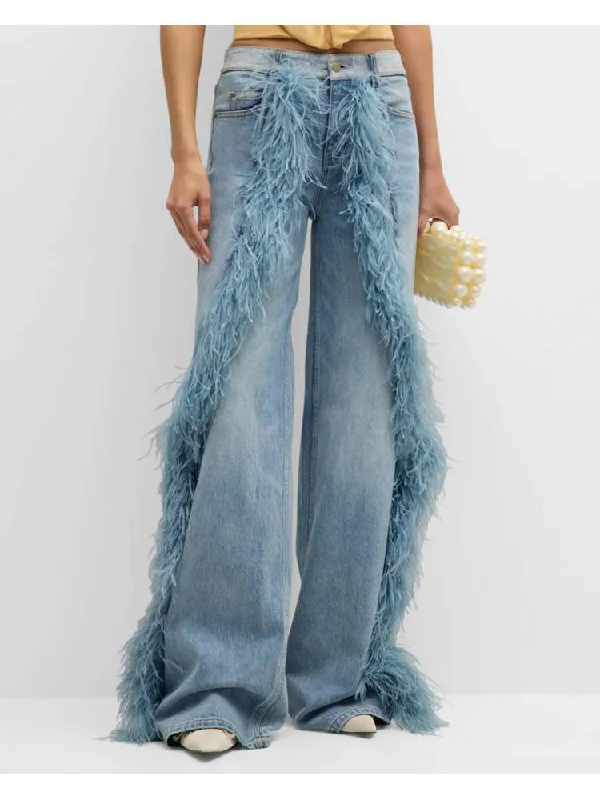 Fake Fur Patchwork Denim Wide Leg Jeans Cool Women's Distressed
