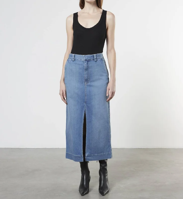 Soft Touch Slit Skirt In Mid Wash Sleek Women's Metallic