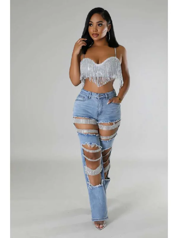 Rhinestone Hollow-out Denim Ripped Jeans Cozy Women's Winter