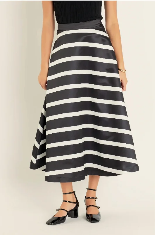 Stripe Full Maxi Skirt In Black/white Polished Women's Silk
