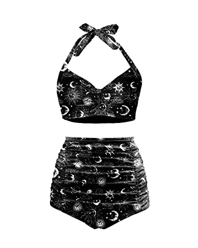 Retro 50S Pin Up Design Two Piece Bikini Swimsuit-Black Sun And Moon Youthful Women's Pop Retro 50S Pin Up Design Two Piece Bikini Swimsuit-Black Sun And Moon Youthful Women's Pop