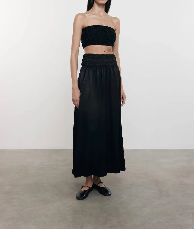 Textured Satin Smocked Skirt In Black Artistic Women's Hand - painted