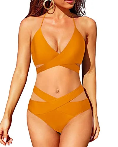 Flattering Halter Neck Bikini Top With Front Cross Ties-Yellow Bold Women's Statement Flattering Halter Neck Bikini Top With Front Cross Ties-Yellow Bold Women's Statement