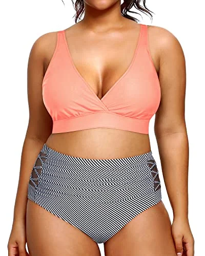 Adjustable Wide Straps Plus Size Two Piece Bathing Suits-Coral Pink Stripe purpose