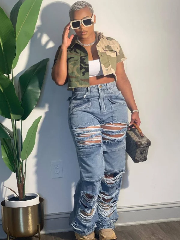 Distressed Denim Pocket Cargo Jeans Street