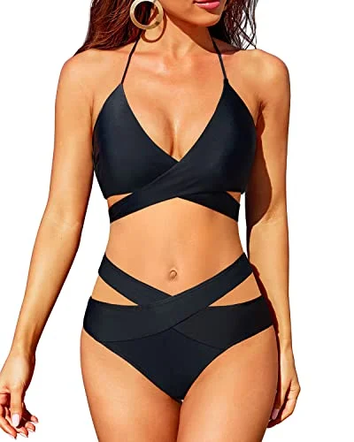 Wrap Halter Neck Bikini Set Criss Cross Two Piece Bathing Suit-Black Dapper Women's 1920S Wrap Halter Neck Bikini Set Criss Cross Two Piece Bathing Suit-Black Dapper Women's 1920S