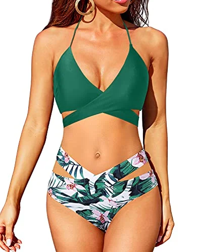 Crossed V Shaped Waist High Leg 2 Piece Bikini Set For Women-Green Tropical Floral Youthful Women's Pop Crossed V Shaped Waist High Leg 2 Piece Bikini Set For Women-Green Tropical Floral Youthful Women's Pop